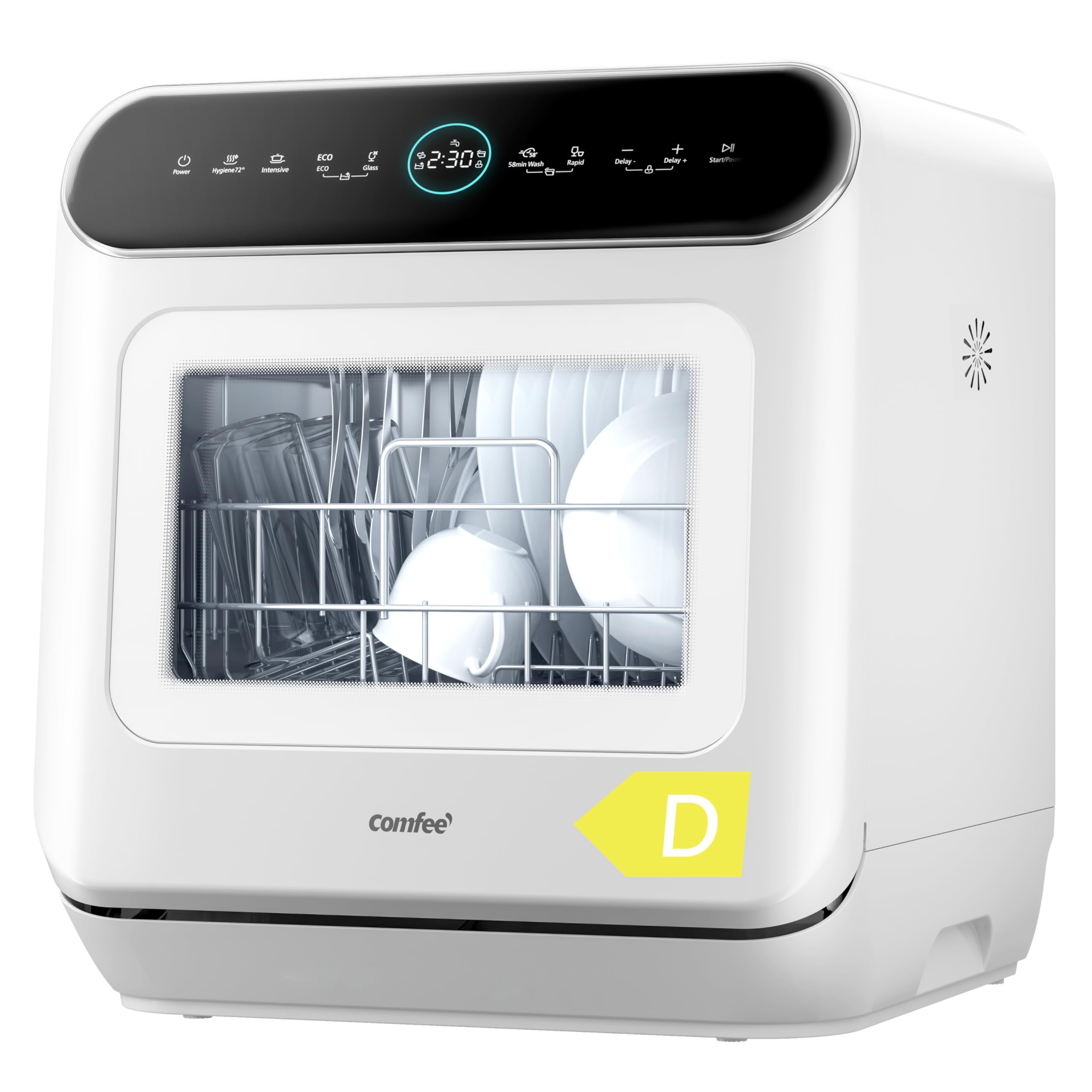 COMFEE' Table Top Dishwasher 7+3 Programs Mini Tabletop Dishwasher No Plumbing, 6L Built-in Water Tank, Hygiene Wash, Auto Door Open Drying