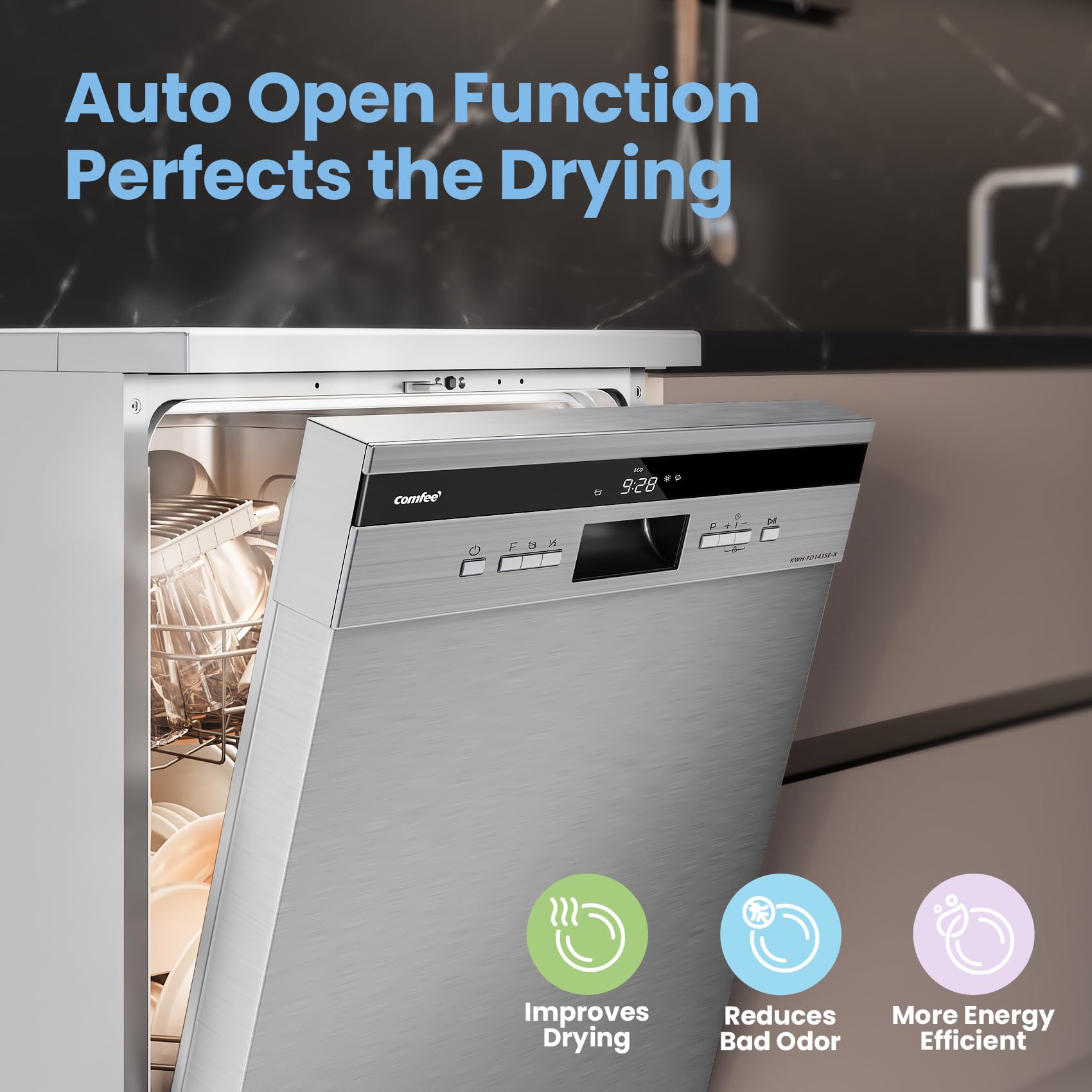 COMFEE' Freestanding Dishwasher FD1435E-X with 14 place settings, Full Size, Whisper Quiet 44dB, Wide LED Display