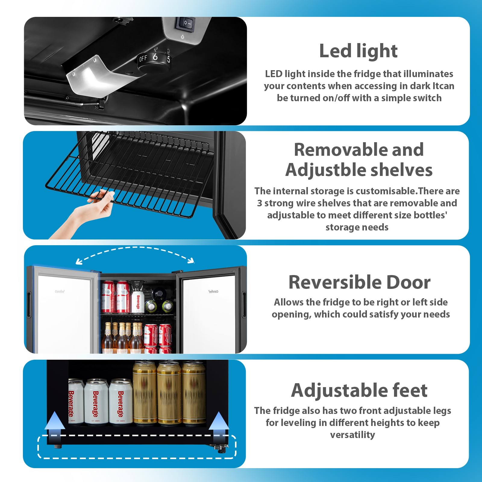 COMFEE' RCZ99BG2(E) Under Counter Beer & Drinks Fridge-93L Capacity,Holds up to 115 Cans, Premium Temperature Performance