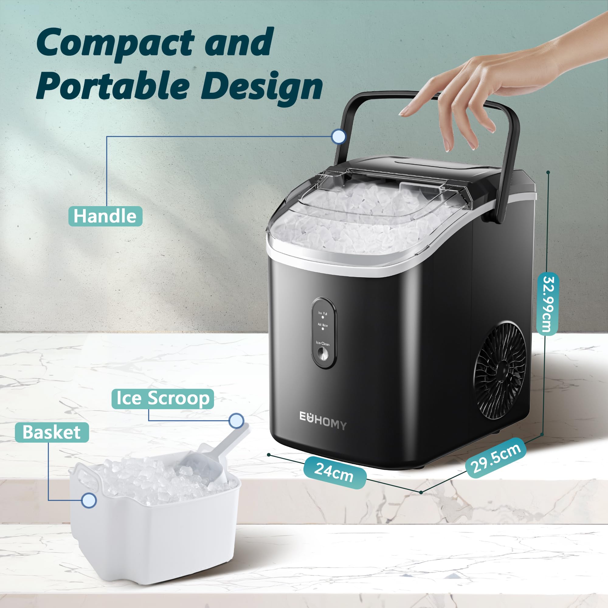 EUHOMY Nugget Ice Maker, Chewable Pellet Ice Machine with Self-Cleaning and Handle, Ready in 6 Mins, 15.5kg/24H, Removable Top Cover