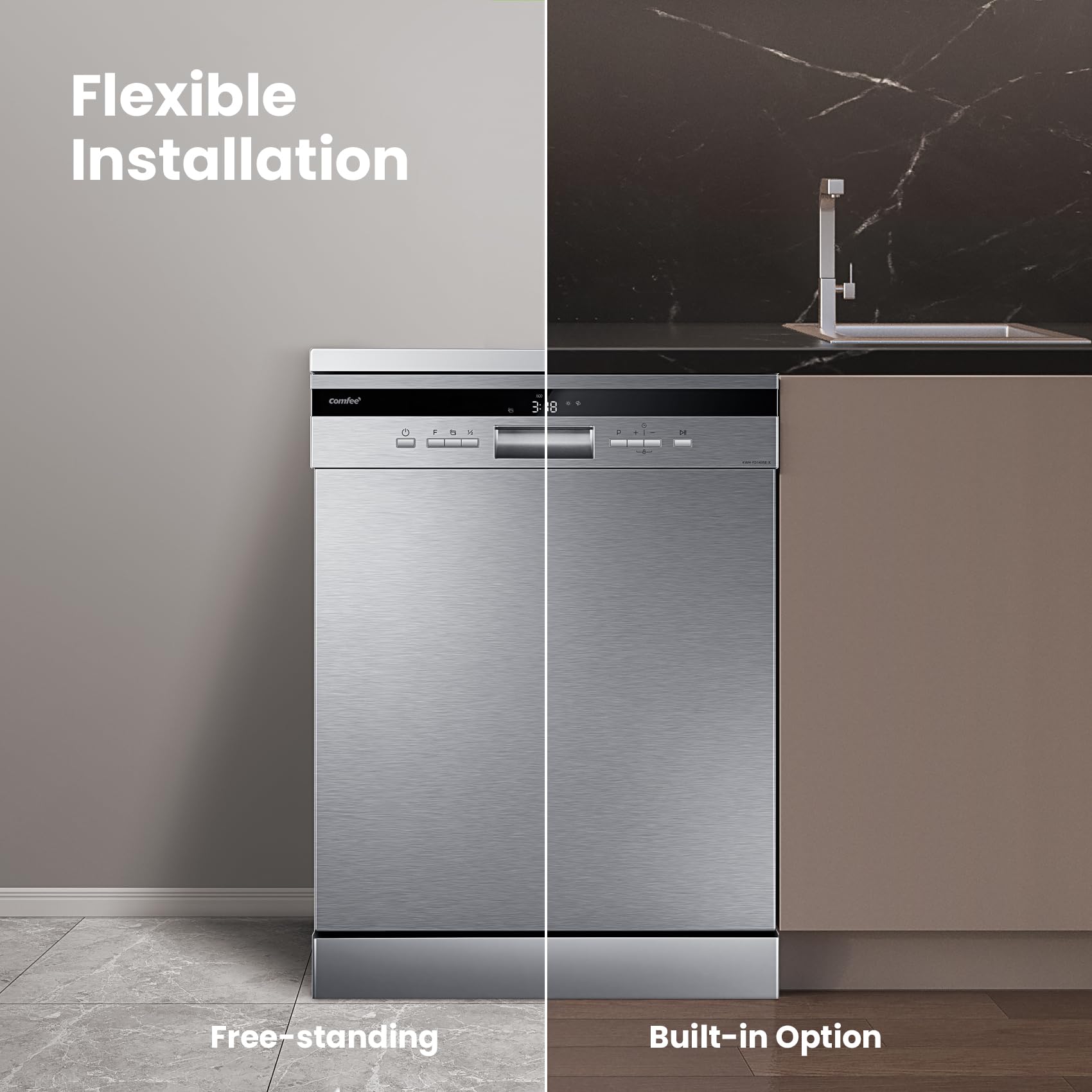 COMFEE' Freestanding Dishwasher FD1435E-X with 14 place settings, Full Size, Whisper Quiet 44dB, Wide LED Display
