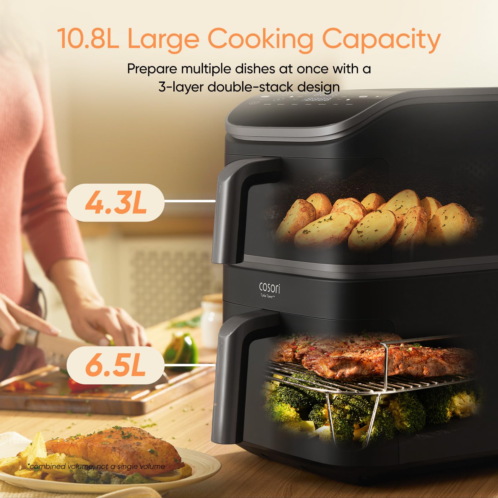 Cosori TurboTower Dual Air Fryer 10.8L, Space-Saving Double Stack Airfryer, Turbo Blaze Tech for Faster & Even Crisp Results