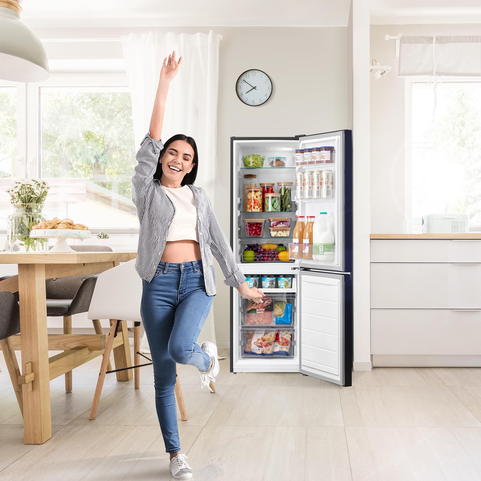 COMFEE' RCB169BL2UK(E) 174L 70/30 Freestanding Fridge Freezer, 150cm Height, Low Frost, 4-Star Freezer, Quiet 39dB
