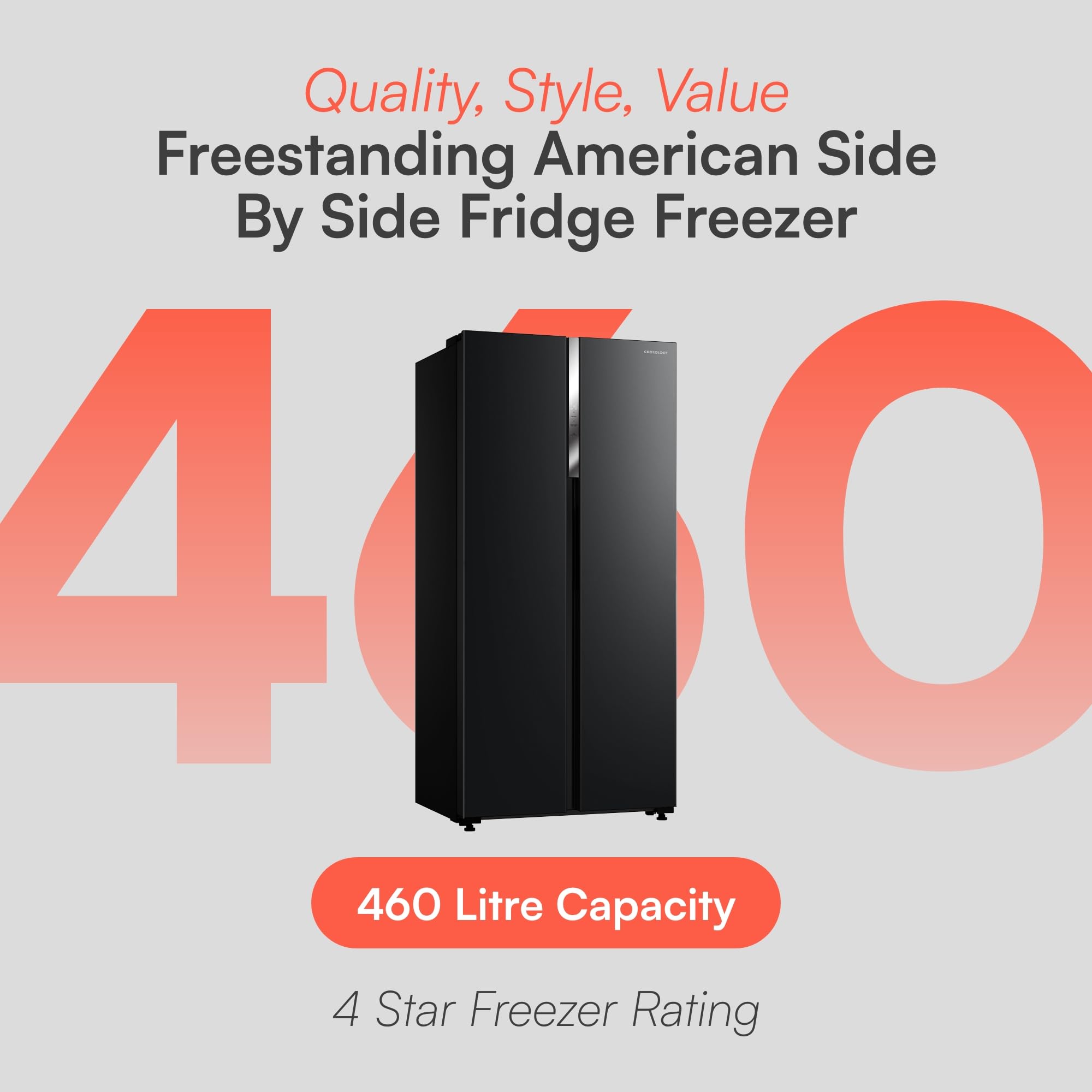 Cookology 460L Freestanding American Side-by-Side Fridge Freezer - 2 Doors - Frost Free - Adjustable Temperature Control