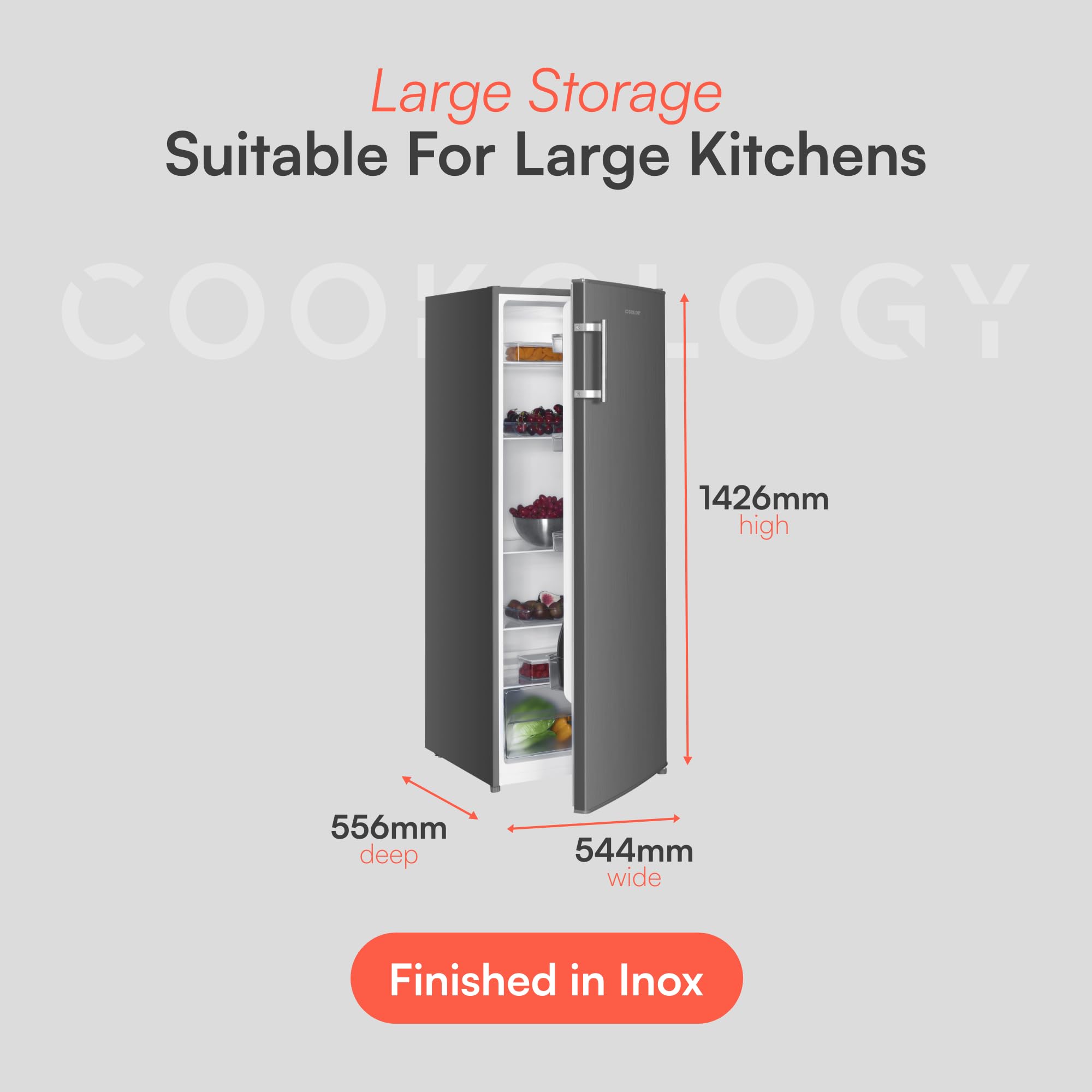 Cookology 240L Tall Freestanding Larder Fridge, 143cm High and 55cm with 5 Adjustable Shelves and Reversible Door - Inox