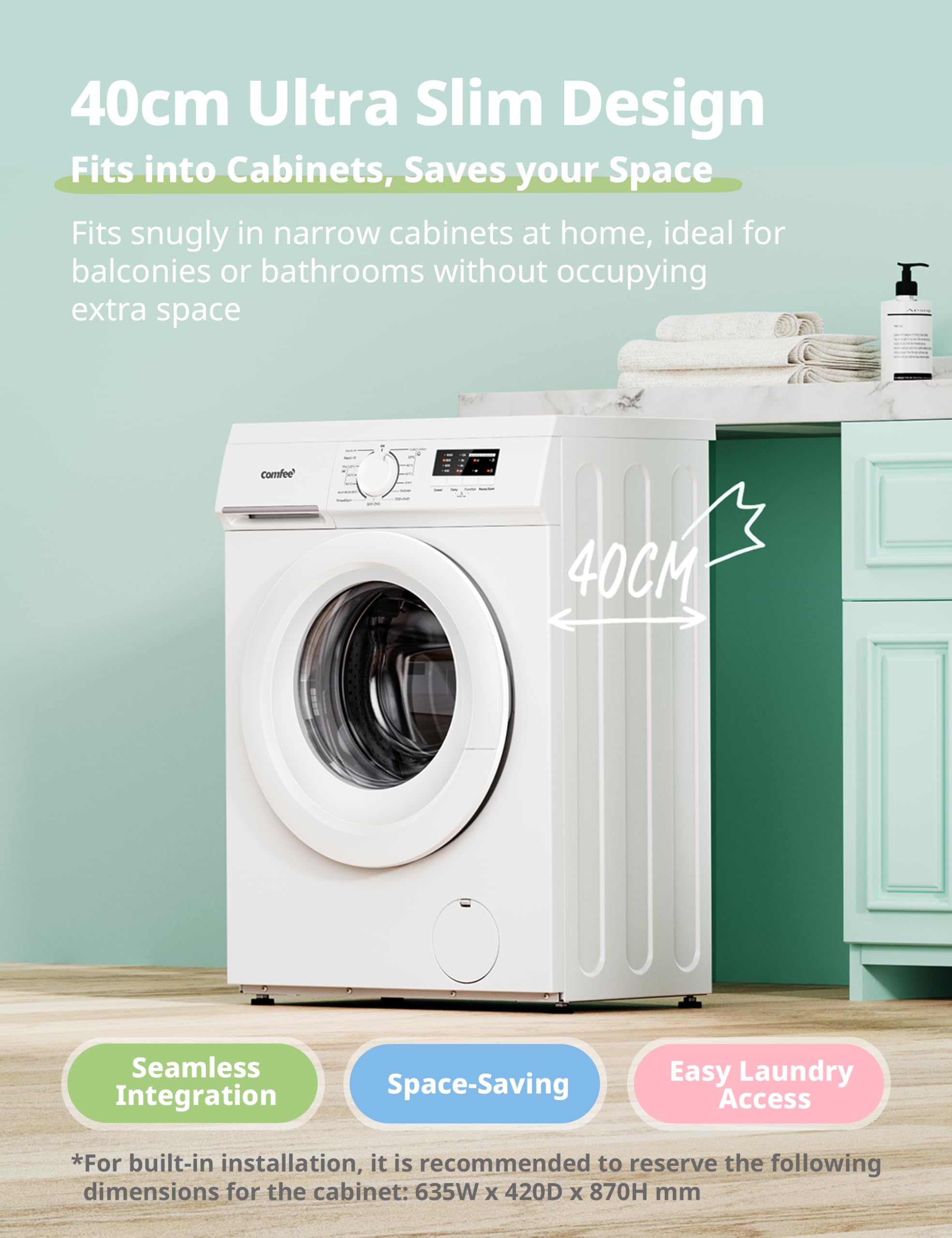 COMFEE' Freestanding Washing Machine,6KG Load,Heat 90℃,Quick Wash,15 Washing Programs,White-CFE10EW60/W