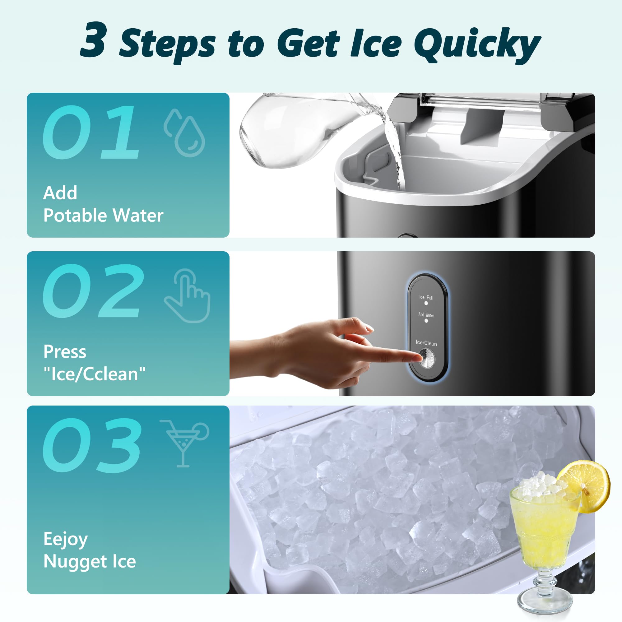 EUHOMY Nugget Ice Maker, Chewable Pellet Ice Machine with Self-Cleaning and Handle, Ready in 6 Mins, 15.5kg/24H, Removable Top Cover