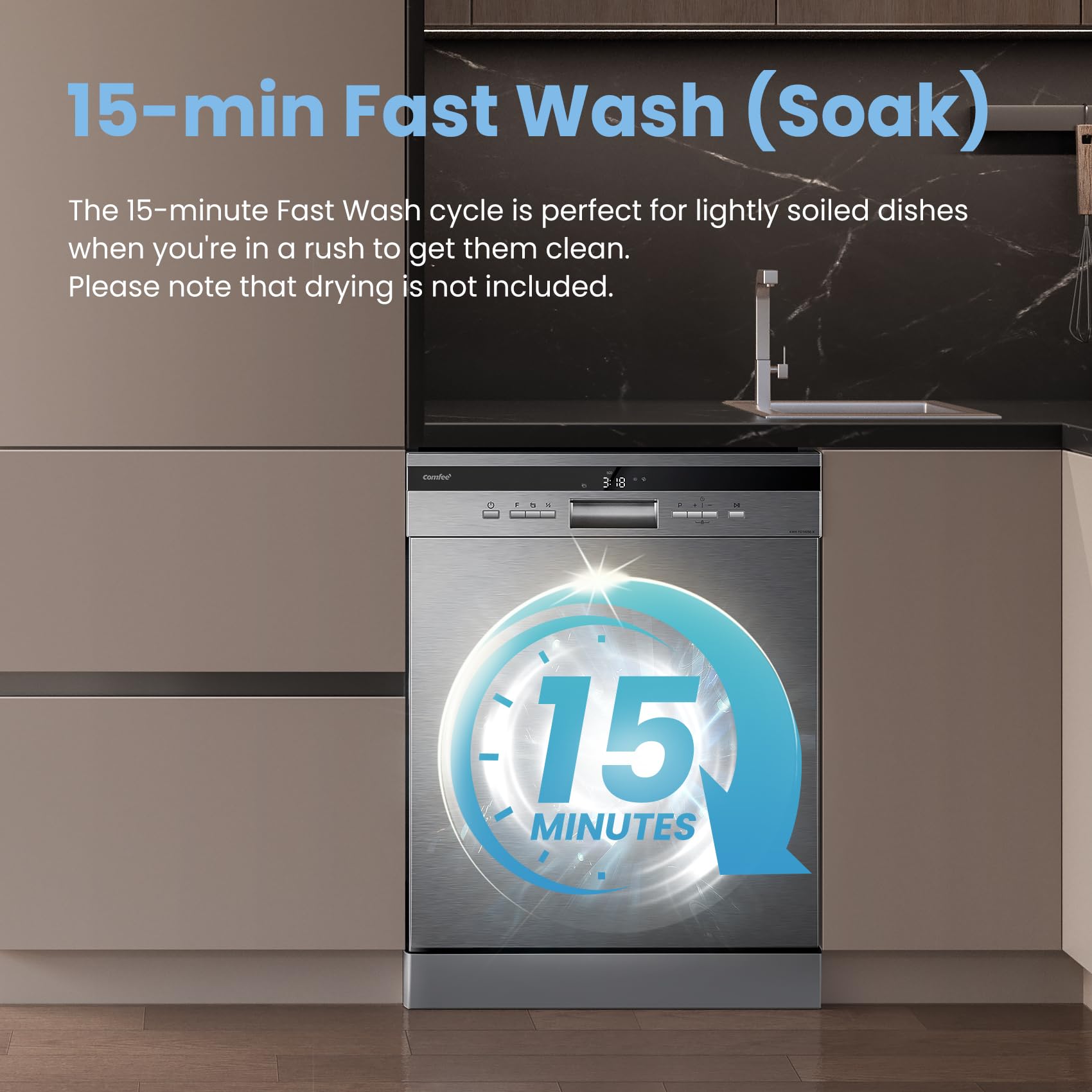 COMFEE' Freestanding Dishwasher FD1435E-X with 14 place settings, Full Size, Whisper Quiet 44dB, Wide LED Display