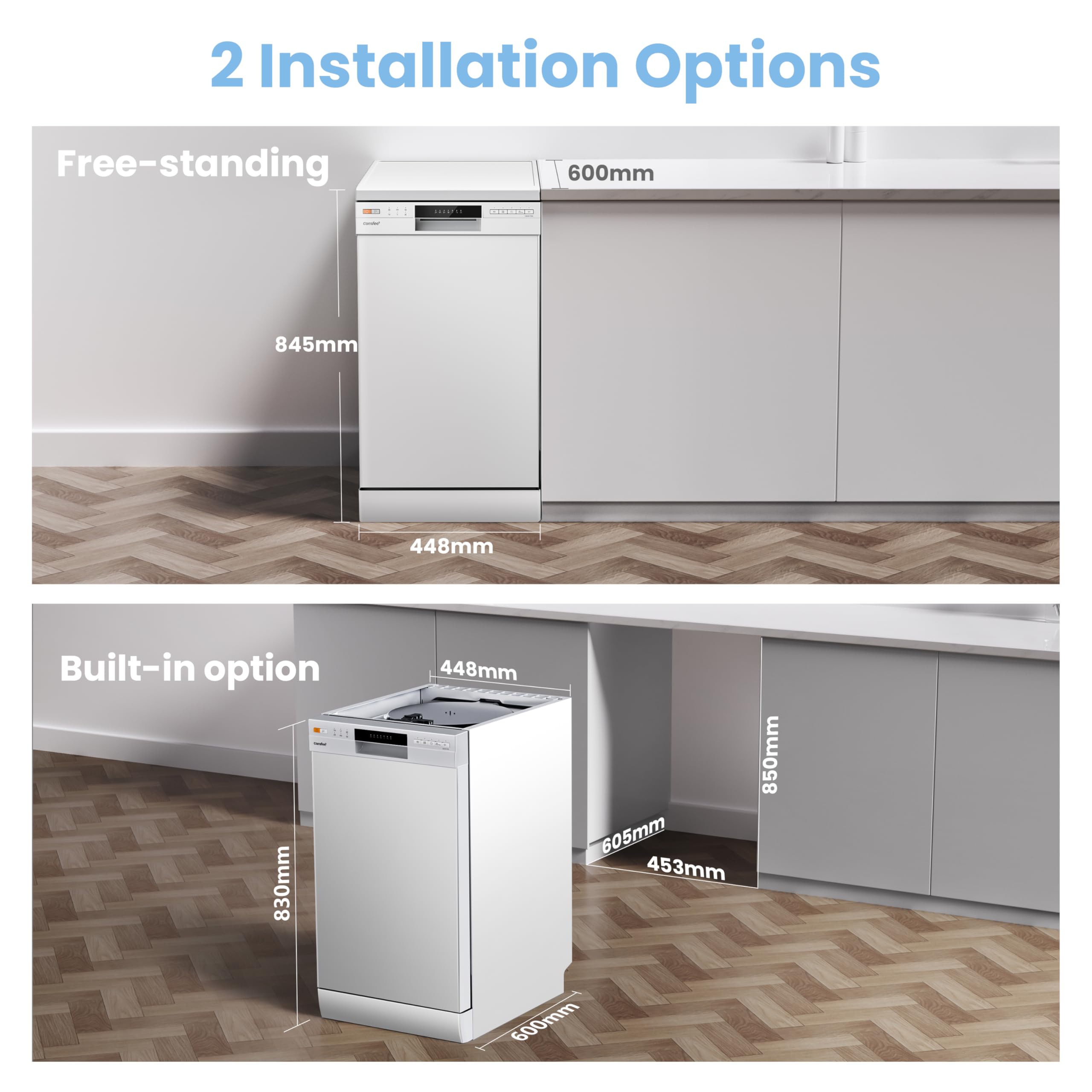 COMFEE' Freestanding Dishwasher CDWEF1034BW-UK 45cm Width, Slimline Dishwasher with 10 place settings, Quick Wash