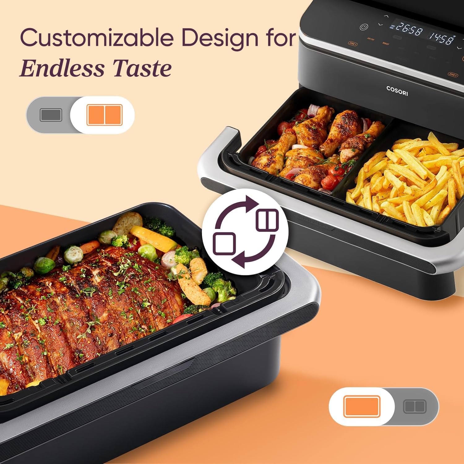 Cosori Dual Air Fryer, 10L Flexible Capacity, Dual Blaze Heating for Fast and Even Results, Single & Double Zone