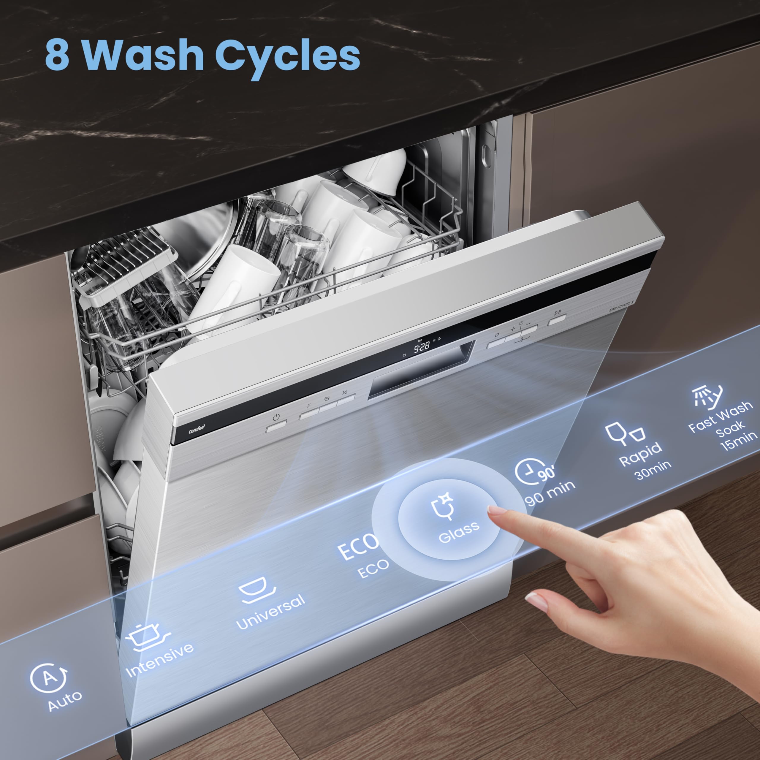 COMFEE' Freestanding Dishwasher FD1435E-X with 14 place settings, Full Size, Whisper Quiet 44dB, Wide LED Display