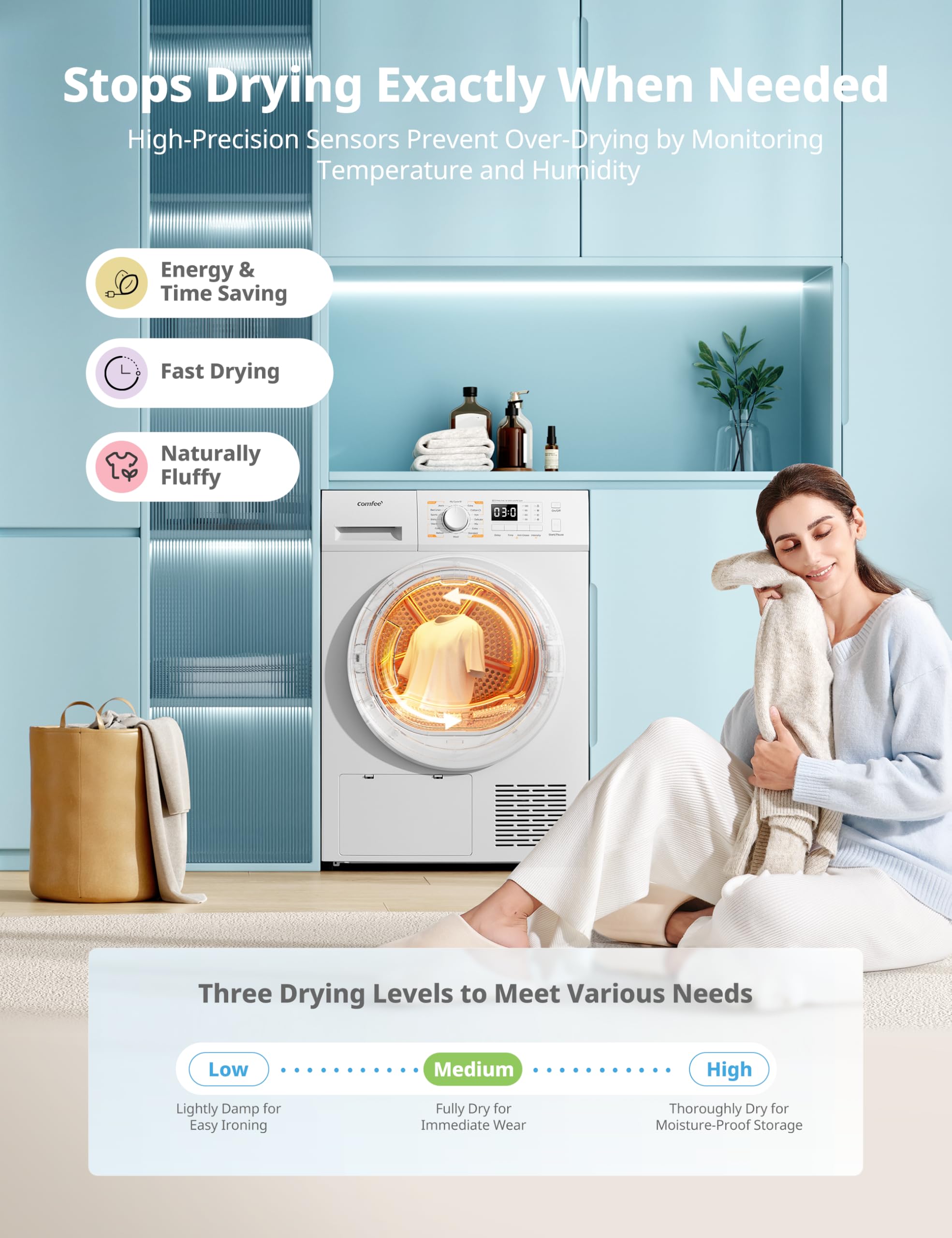 COMFEE' Freestanding Heat Pump Tumble Dryer,8kg Front Load, A+ Class, 16 Programmes, Auto-Dry,Anti-Crease,Refresh,White,CFG09EH80/W-UK