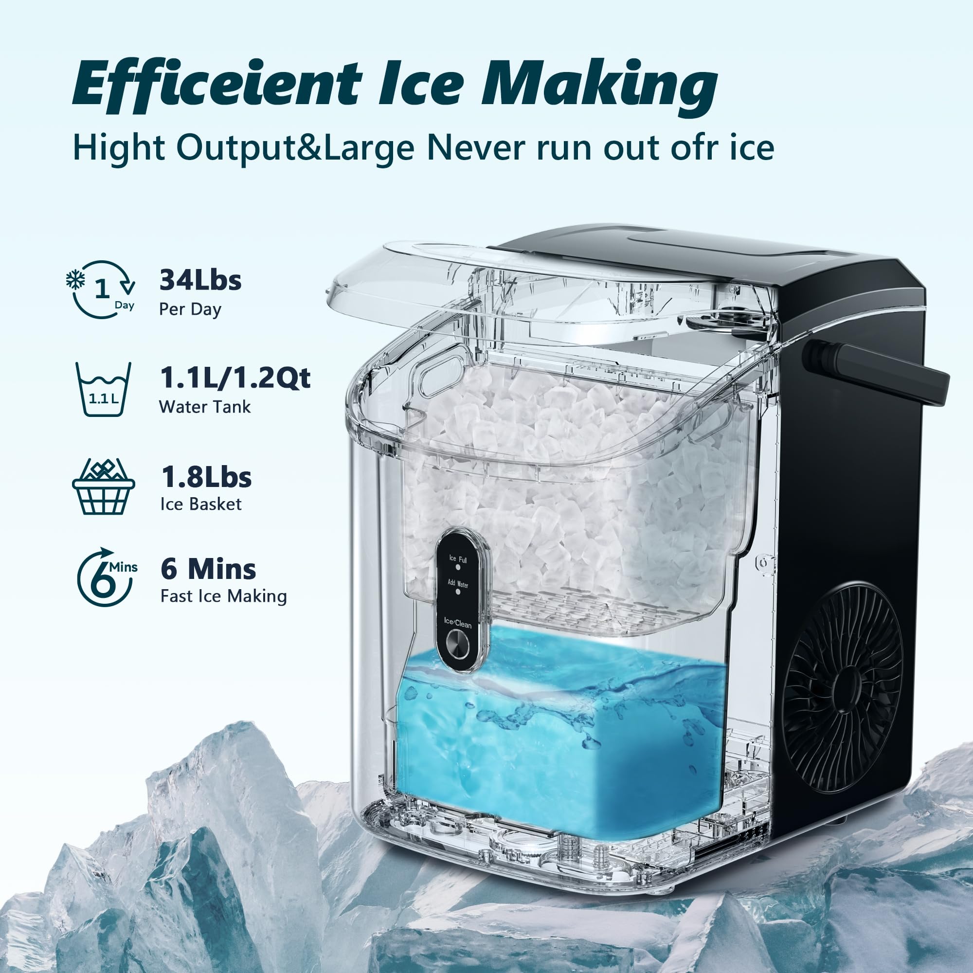 EUHOMY Nugget Ice Maker, Chewable Pellet Ice Machine with Self-Cleaning and Handle, Ready in 6 Mins, 15.5kg/24H, Removable Top Cover
