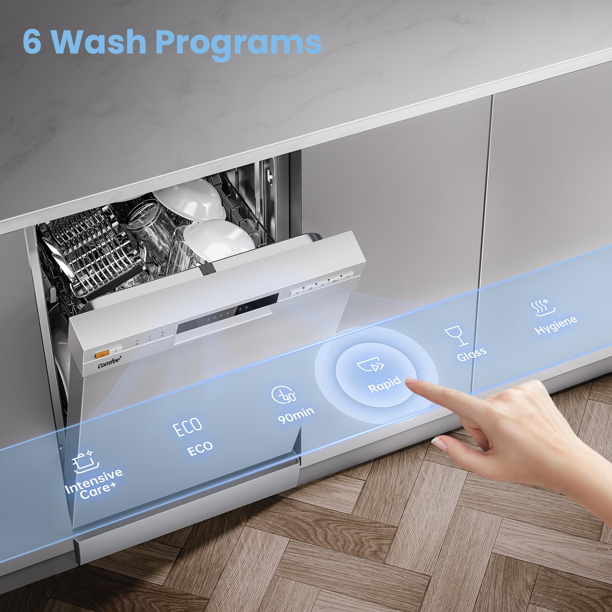 COMFEE' Freestanding Dishwasher CDWEF1034BW-UK 45cm Width, Slimline Dishwasher with 10 place settings, Quick Wash